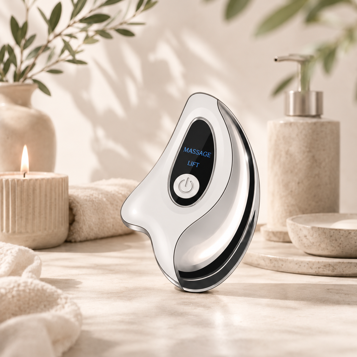 Lucia's Casa – Luxe LED Gua Sha Tool, pearl white, spa still life