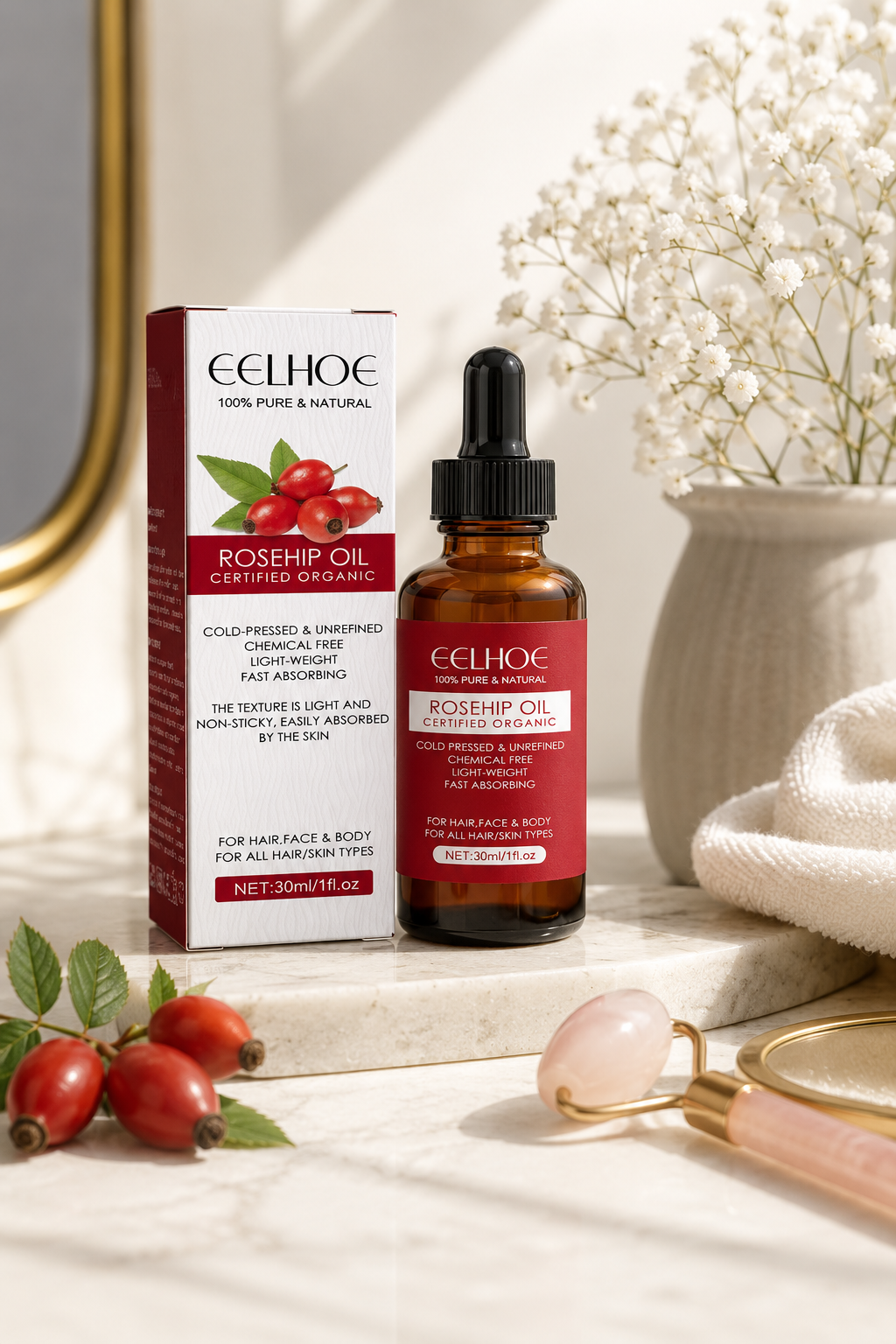 Organic rosehip facial oil 30ml amber dropper bottle with box